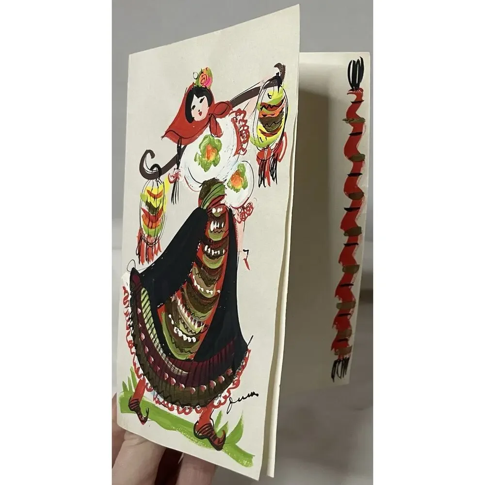 VTG Hand Painted Greeting Card w Envelope MidCentury Woman Folk Style Dress OOAK